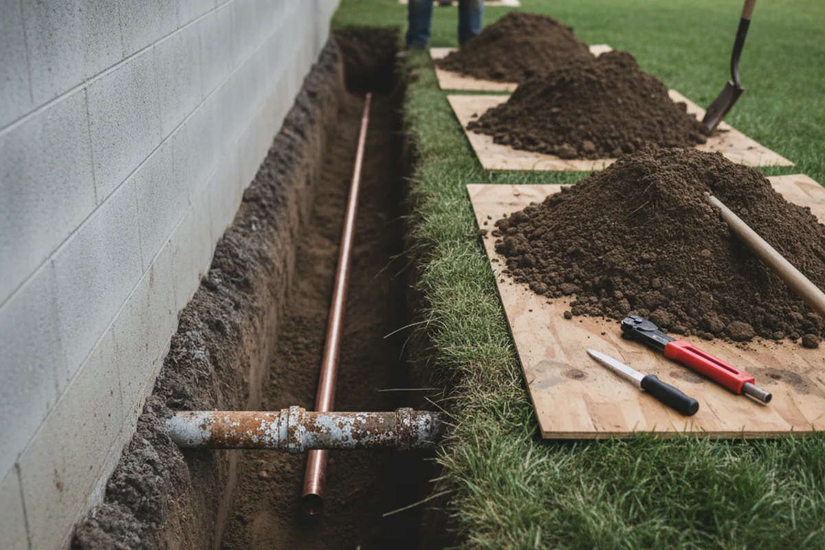 Excavated water line trench during Water Heater Repair in Clifton Park